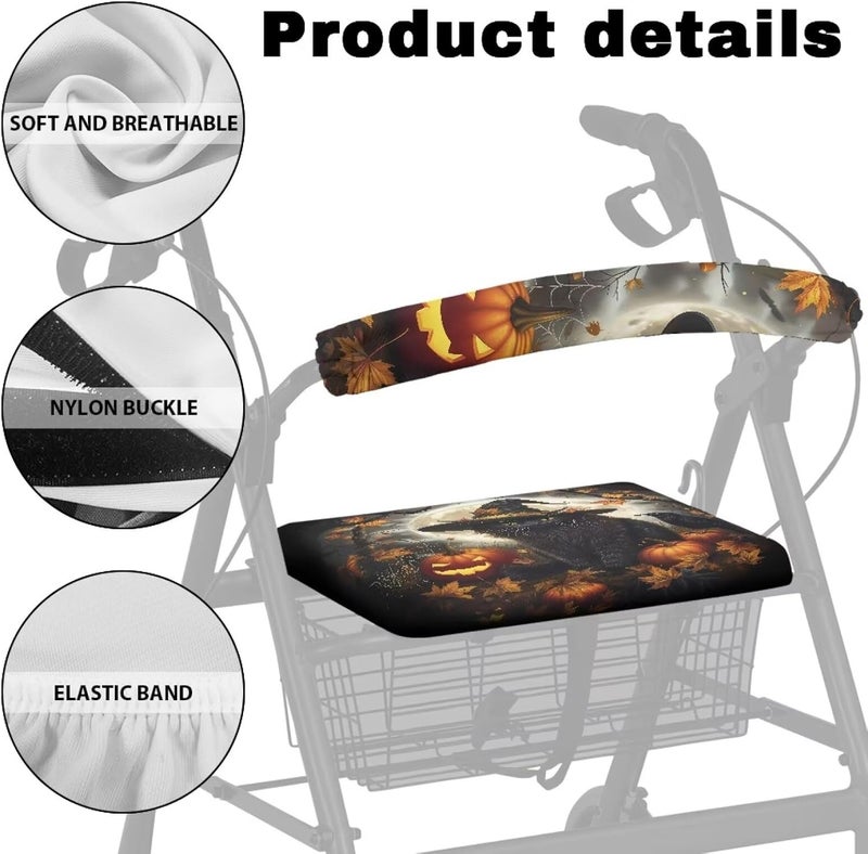 Rnyleeg Walker Seat Covers Universal Rollator Gothic Walker Seat and Backrest Covers Black Cat Pumpkin Design Rollator Walker Accessories for Seniors - Image 5